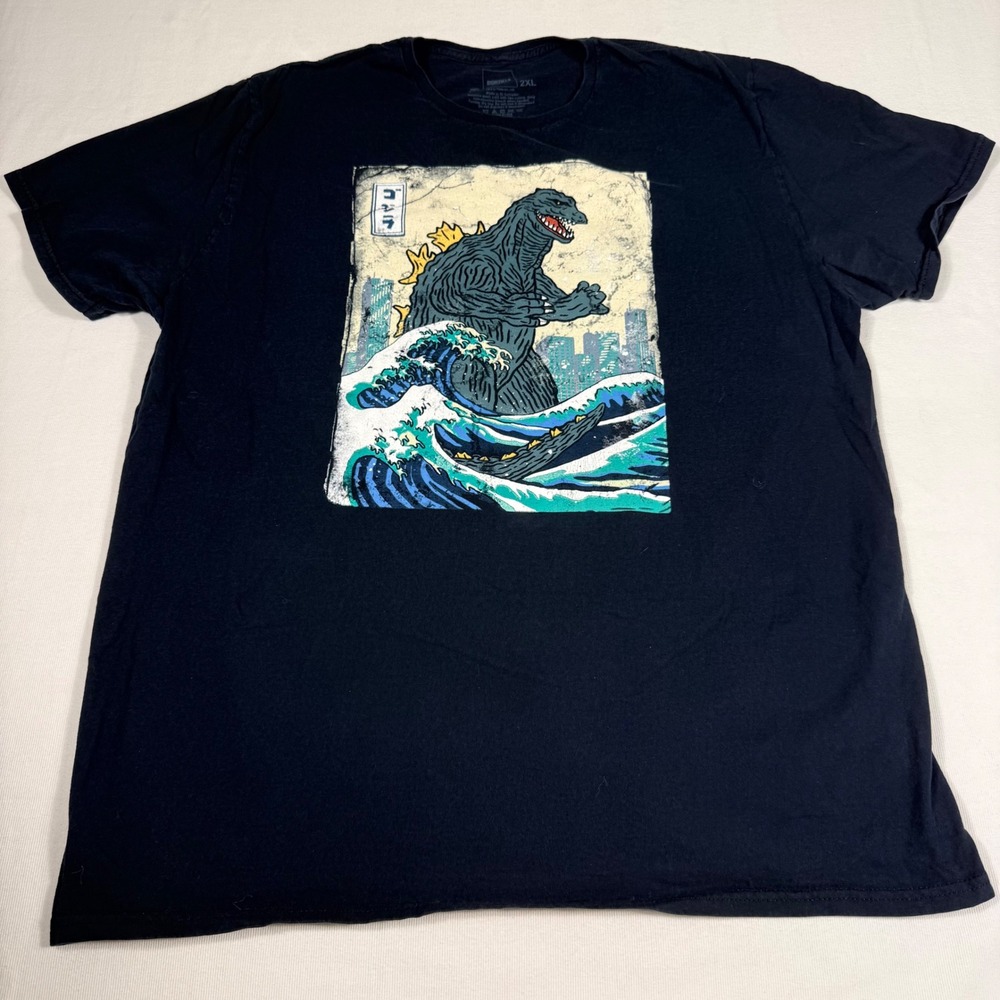 Godzilla‎ Graphic T-Shirt 2XL Black Great Wave Kanagawa Japanese Kaiju Toho Tee